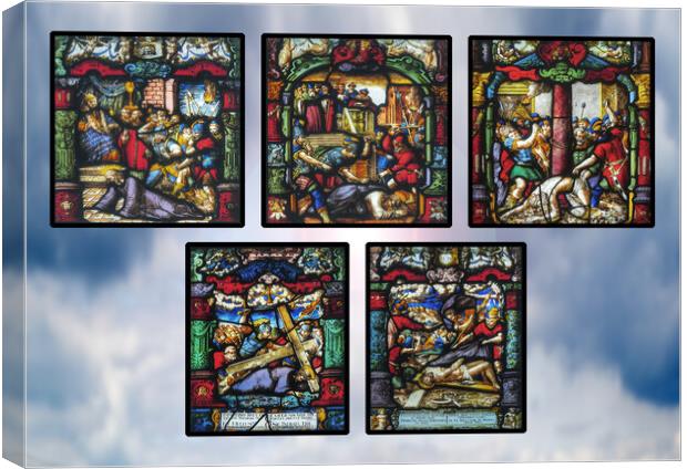 Late 16th Century Stained Glass Panels against Sky Canvas Print by Philip Brown