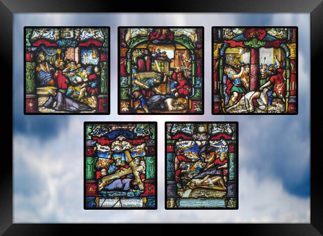 Late 16th Century Stained Glass Panels against Sky Framed Print by Philip Brown
