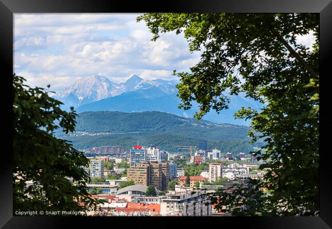A view over Ljubljana in the summer, with Mount Saint Mary in the background Framed Print by SnapT Photography