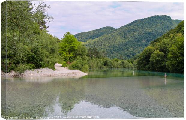 The confluence between the Soca and Tolminka Rivers at Tolmin, Slovenia Canvas Print by SnapT Photography