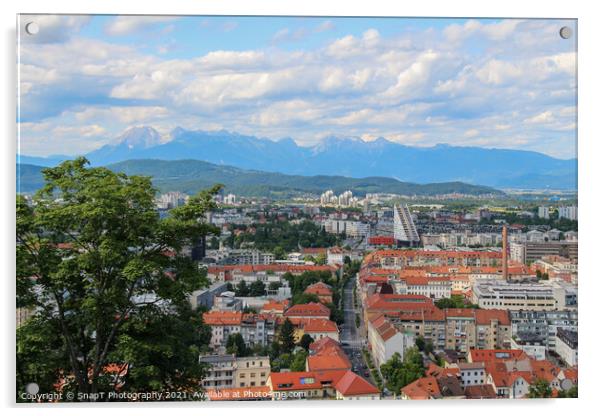 A view over Ljubljana to the mountains from the view point at Ljubljana Castle Acrylic by SnapT Photography