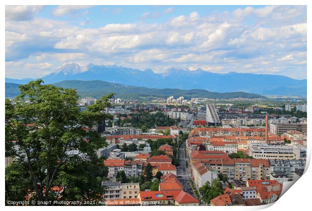 A view over Ljubljana to the mountains from the view point at Ljubljana Castle Print by SnapT Photography