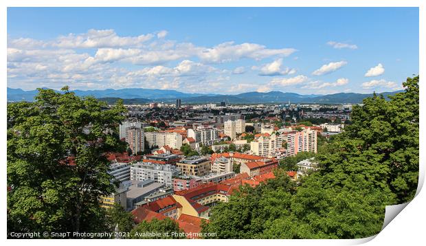 A view over Ljubljana to the mountains from the view point at Ljubljana Castle Print by SnapT Photography