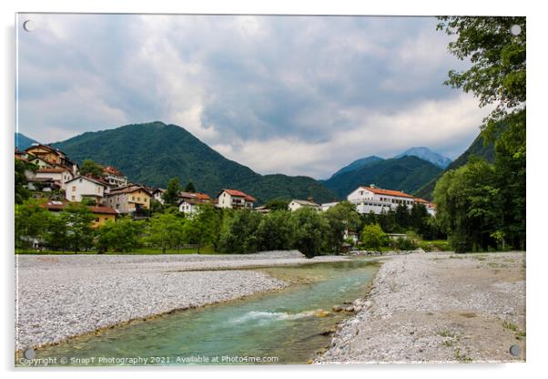 Low flows on the Tolminka River at Tolmin, with gravel bars exposed, Slovenia Acrylic by SnapT Photography
