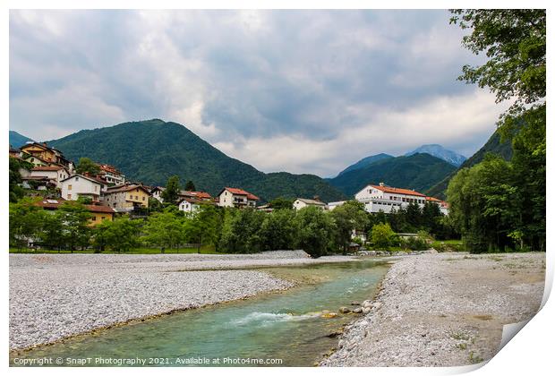 Low flows on the Tolminka River at Tolmin, with gravel bars exposed, Slovenia Print by SnapT Photography