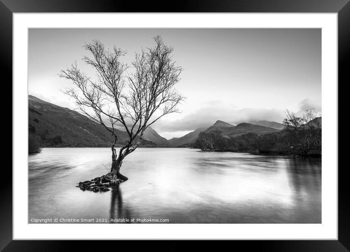 Lone Tree Sunset Long Exposure at Llyn Padarn, Llanberis- Snowdonia, North Wales Monochrome/Black and White Framed Mounted Print by Christine Smart