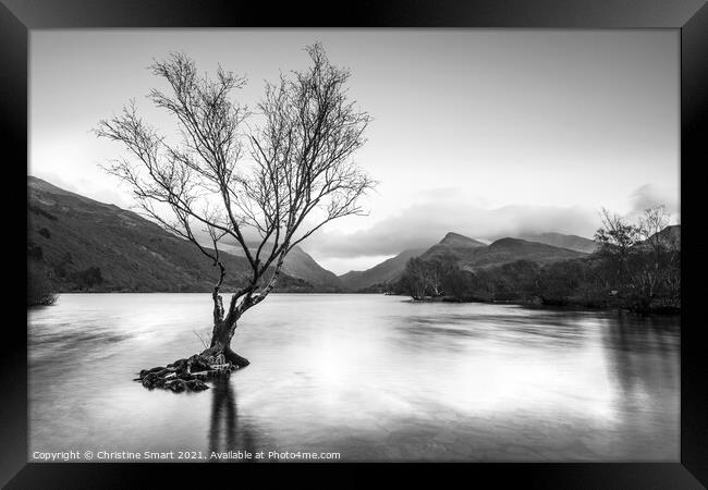 Lone Tree Sunset Long Exposure at Llyn Padarn, Llanberis- Snowdonia, North Wales Monochrome/Black and White Framed Print by Christine Smart