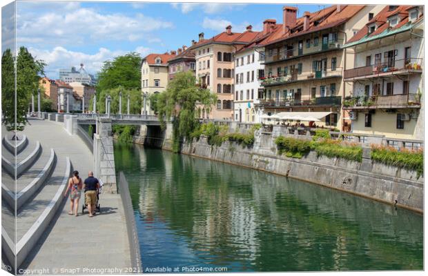 The Ljublijanica River and central Ljubljana on a summers day Canvas Print by SnapT Photography