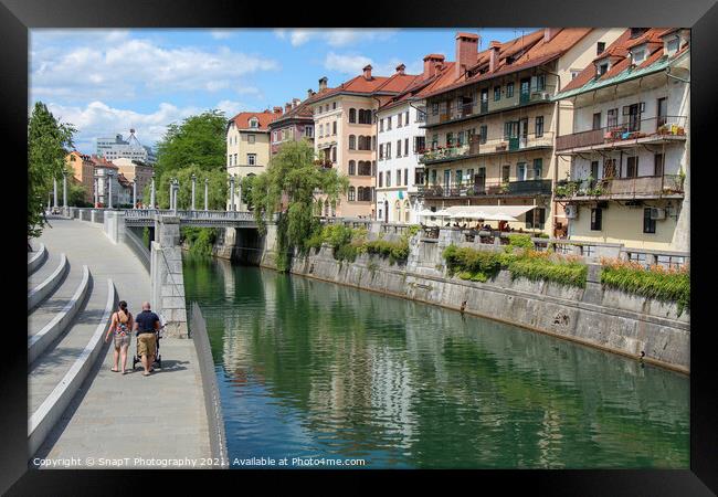 The Ljublijanica River and central Ljubljana on a summers day Framed Print by SnapT Photography