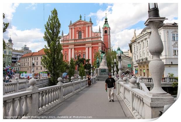 A view of the Franciscan Church across the Tromostovje or Triple Bridges Print by SnapT Photography