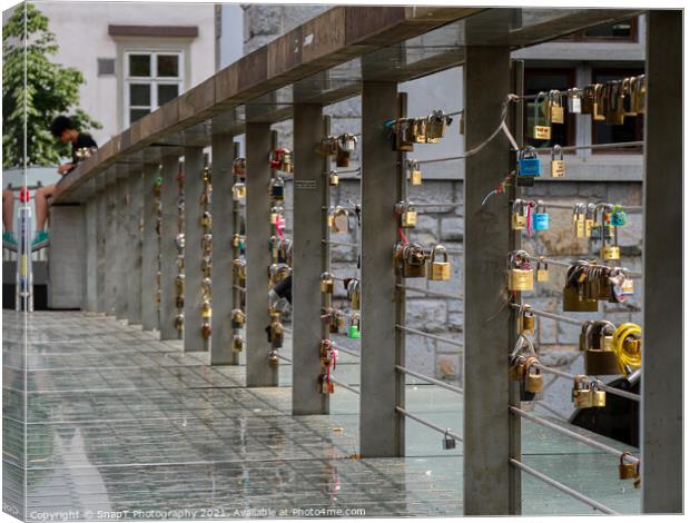 Padlocks on Butchers Bridge in the old medieval town in Ljubljana, Slovenia Canvas Print by SnapT Photography