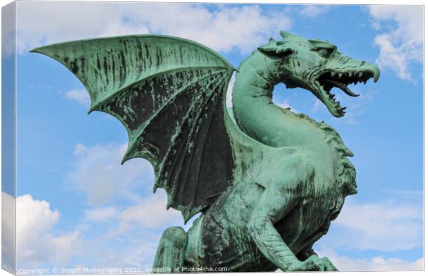The Dragon statue at Dragon Bridge in old Medieval Ljubljana, Slovenia Canvas Print by SnapT Photography