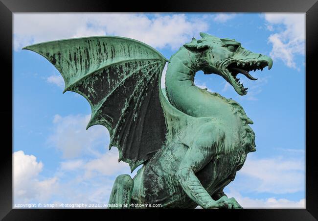 The Dragon statue at Dragon Bridge in old Medieval Ljubljana, Slovenia Framed Print by SnapT Photography