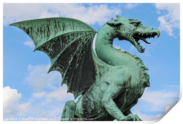 The Dragon statue at Dragon Bridge in old Medieval Ljubljana, Slovenia Print by SnapT Photography