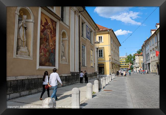 Tourists walking past the art on the wall at Ljubljana Cathedral, Slovenia Framed Print by SnapT Photography