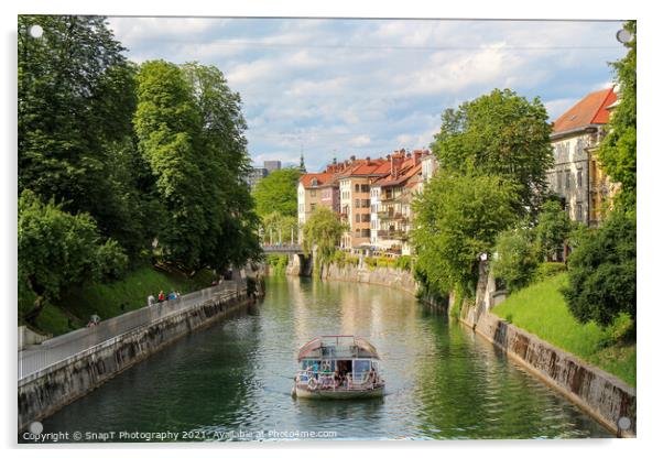 A tourist boat travelling along the Ljublijanica River in afternoon in Ljubljana Acrylic by SnapT Photography