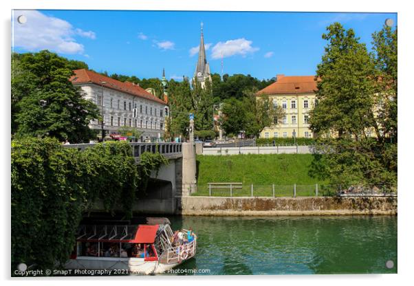 A tourist boat passing under the St. James Bridge on the Ljublijanica River Acrylic by SnapT Photography