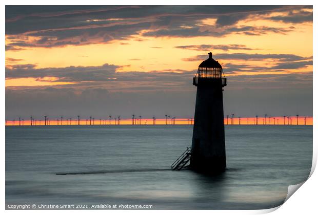 Talacre Lighthouse Silhouette Sunset, Seascape, North Wales Landmark Print by Christine Smart
