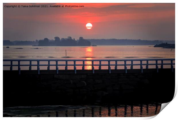 Red Ball Sunrise with the Pier Print by Taina Sohlman