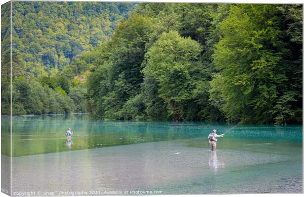 Two fly fisherman fishing for Marble Trout on the Soca River at Tolmin, Slovenia Canvas Print by SnapT Photography