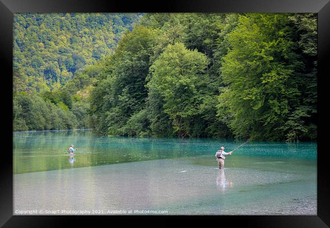 Two fly fisherman fishing for Marble Trout on the Soca River at Tolmin, Slovenia Framed Print by SnapT Photography