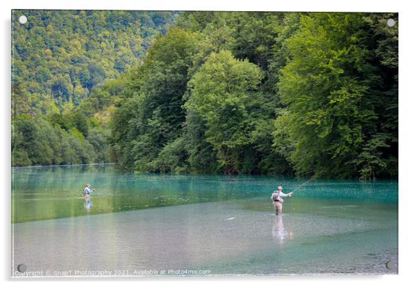 Two fly fisherman fishing for Marble Trout on the Soca River at Tolmin, Slovenia Acrylic by SnapT Photography