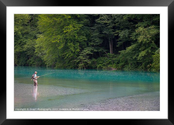 A fisherman at the Soca and Tolminka River confluence at Tolmin, Slovenia Framed Mounted Print by SnapT Photography