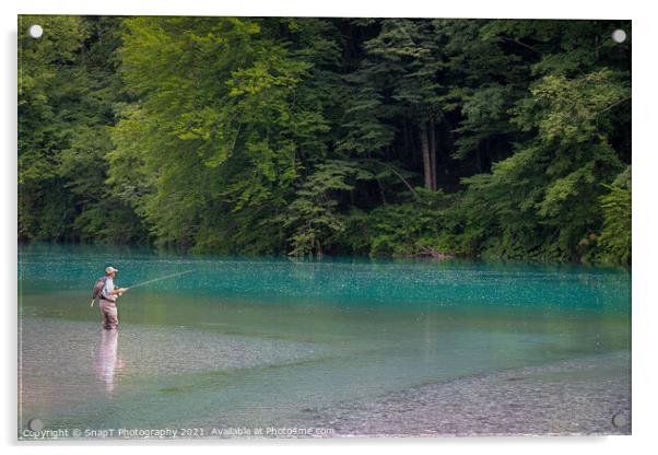 A fisherman at the Soca and Tolminka River confluence at Tolmin, Slovenia Acrylic by SnapT Photography