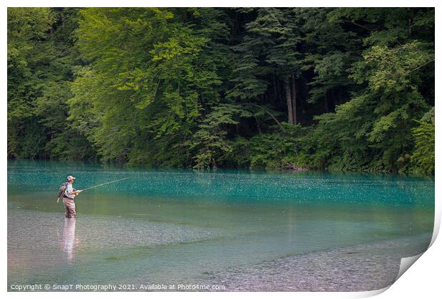 A fisherman at the Soca and Tolminka River confluence at Tolmin, Slovenia Print by SnapT Photography