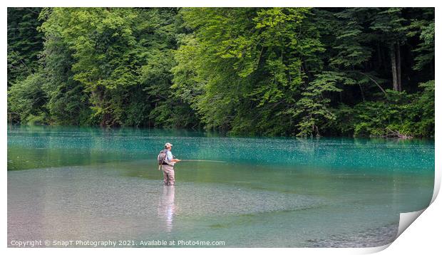 A man fly fishing for marble trout on the Soca River at Tolminka, near Tolmin, Slovenia Print by SnapT Photography