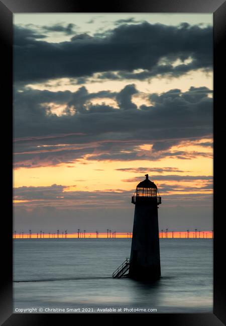 Talacre Lighthouse Silhouette Sunset, Seascape, North Wales Landmark Framed Print by Christine Smart