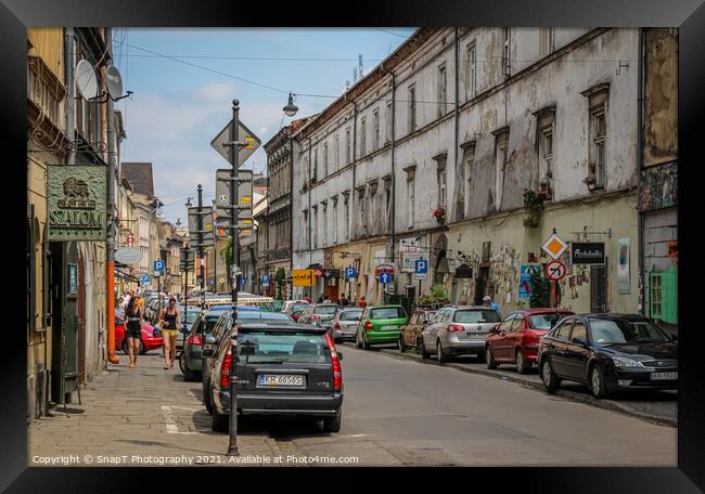 Józefa Street in the Jewish Quarter, Kazimierz, Krakow, Poland Framed Print by SnapT Photography