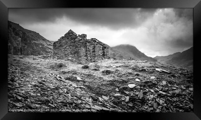 Dinorwic Slate Quarry Landscape, Llanberis - Snowdonia, North Wales Monochrome/Black and White Moody Dark Skies Framed Print by Christine Smart