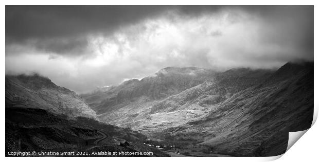 Mountain View from Dinorwic Slate Quarry - Monochrome Mountain Landscape, Snowdonia - North Wales Print by Christine Smart