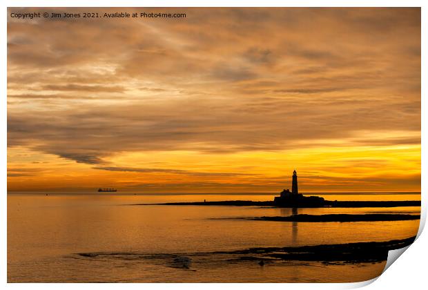 Silhouetted St Mary's Island at dawn Print by Jim Jones