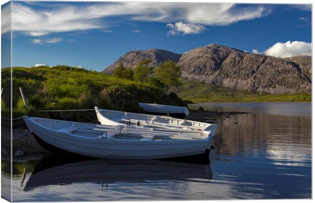 Arkle and Fishing Boats on Loch Stack Canvas Print by Derek Beattie