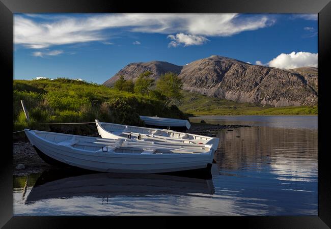 Arkle and Fishing Boats on Loch Stack Framed Print by Derek Beattie