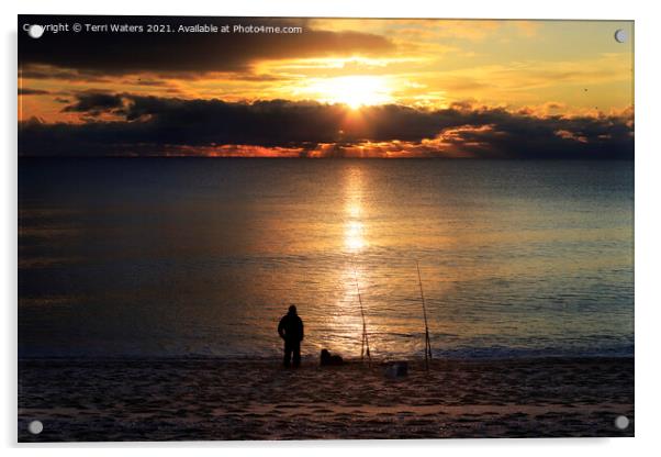 Loe Bar Fishing at Sunset Acrylic by Terri Waters