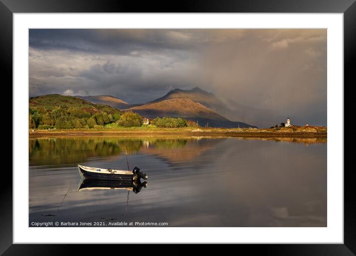 Beinn Sgritheall and Isle Ornsay Lighthouse. Framed Mounted Print by Barbara Jones
