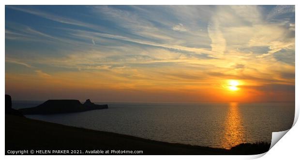Worms Head Rhossili Sunset Print by HELEN PARKER