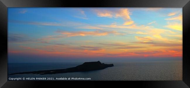 Sunset over Worms Head Framed Print by HELEN PARKER