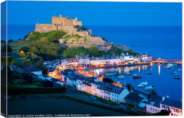 Mont Orgueil & Gorey harbour, Jersey, Channel Isla Canvas Print by Justin Foulkes