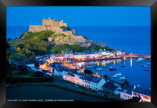 Mont Orgueil & Gorey harbour, Jersey, Channel Isla Framed Print by Justin Foulkes