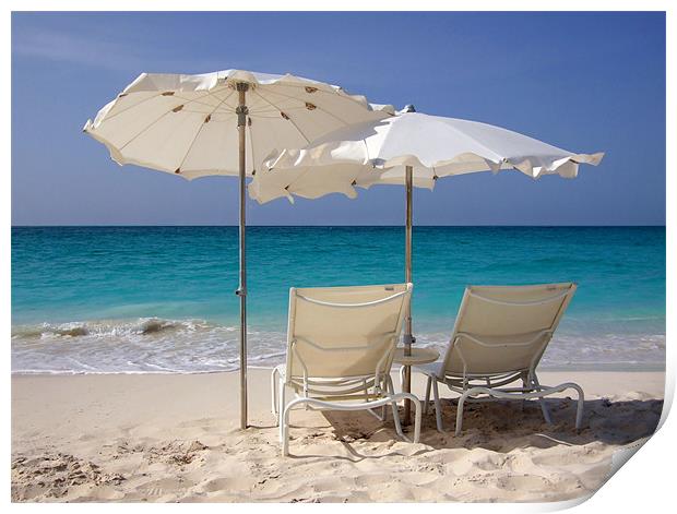 Sun Loungers on Grace Bay Beach, Providenciales, T Print by Serena Bowles