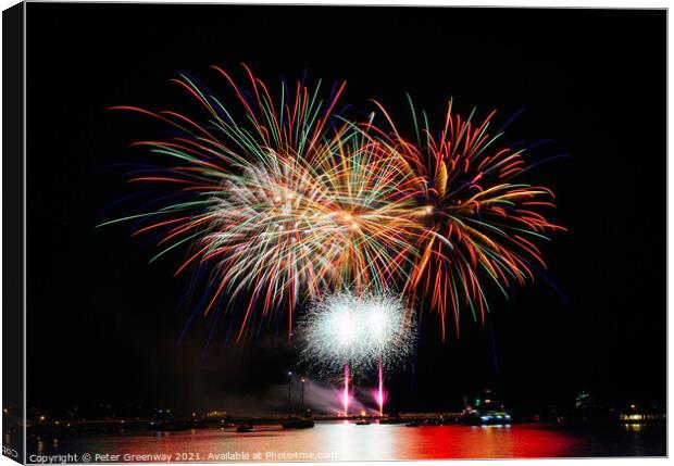 Fireworks Over The Barbican Harbour, Plymouth During The British Firework Championships Canvas Print by Peter Greenway