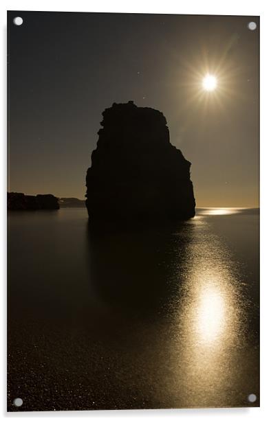 Ladram Bay in moonlight Acrylic by Pete Hemington