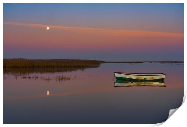A setting moon at Brancaster Staithe  Print by Gary Pearson