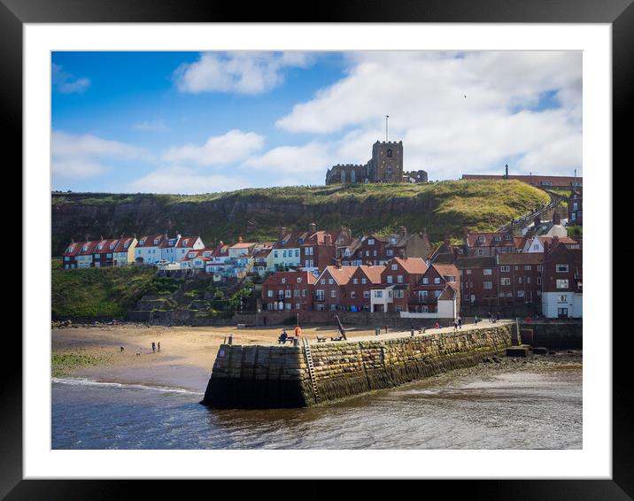 Whitby Abbey overlooking the harbour wall Framed Mounted Print by David Hall