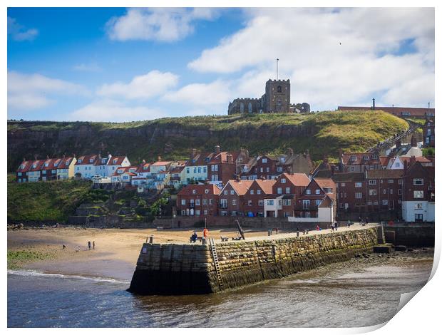 Whitby Abbey overlooking the harbour wall Print by David Hall