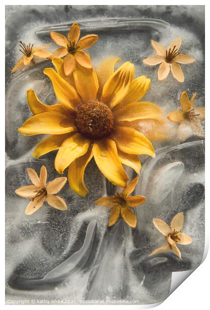 Frozen in Time, yellow flowers in ice Print by kathy white